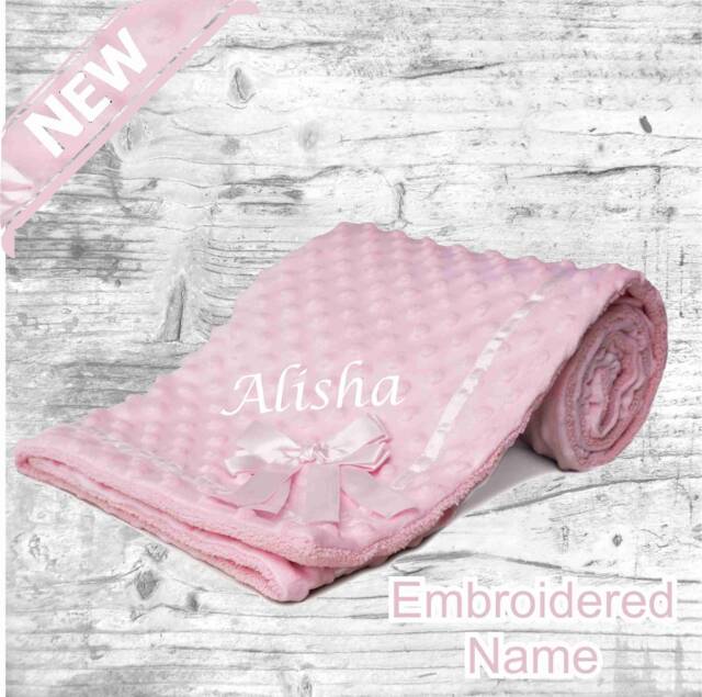 Personalised New in Embroidered Baby Dimple Bow Ribbon Trim Blanket 3 Colours Super Soft - image 1
