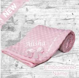 Personalised New in Embroidered Baby Dimple Bow Ribbon Trim Blanket 3 Colours Super Soft
