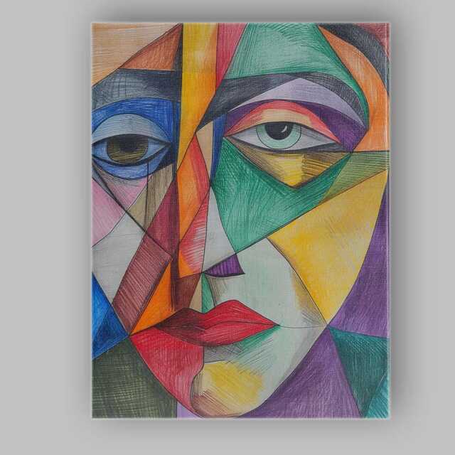 Vibrant Cubist Woman Face Colour Pencil Portrait Canvas Wall Art Print Decor Picture Ready To Hang - image 1