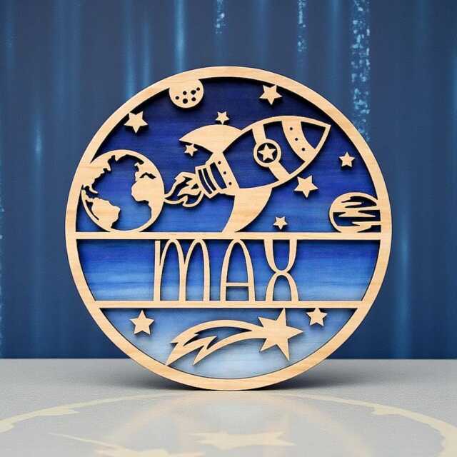Personalised Rocket Name Sign - Wooden Space Nursery Wall Plaque Custom Kids Bedroom Door Ready To Hang - image 1