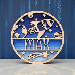 Personalised Rocket Name Sign - Wooden Space Nursery Wall Plaque Custom Kids Bedroom Door Ready To Hang - thumbnail 1