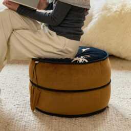 Red Bamboo Velvet Pouf Cover, Chinoiserie Ottoman Floor Cushion