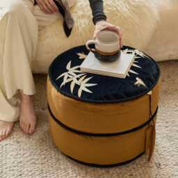 Red Bamboo Velvet Pouf Cover, Chinoiserie Ottoman Floor Cushion - thumbnail 3