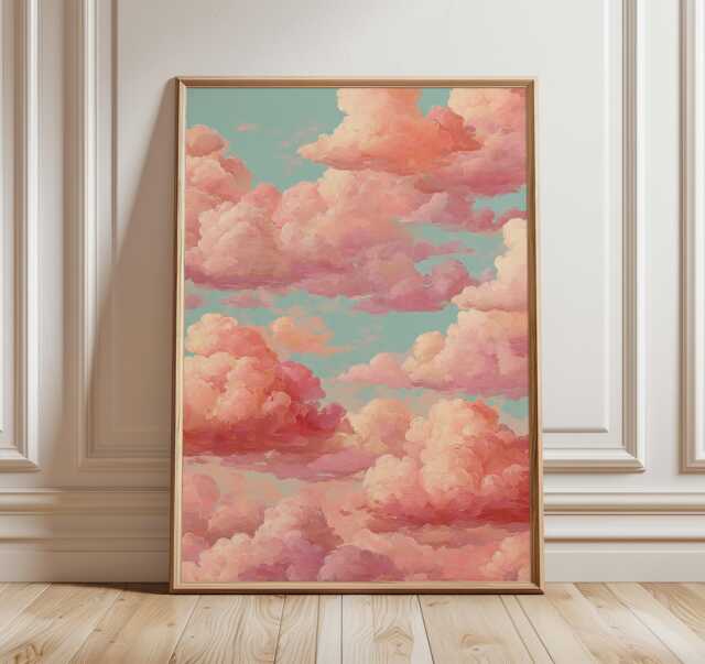Pink Cloud Wall Art, Dreamy Sky Poster, Pastel Cloudscape Print, Aesthetic Digital Painting, Soft Sunset Decor, Modern Home Artwork - image 1