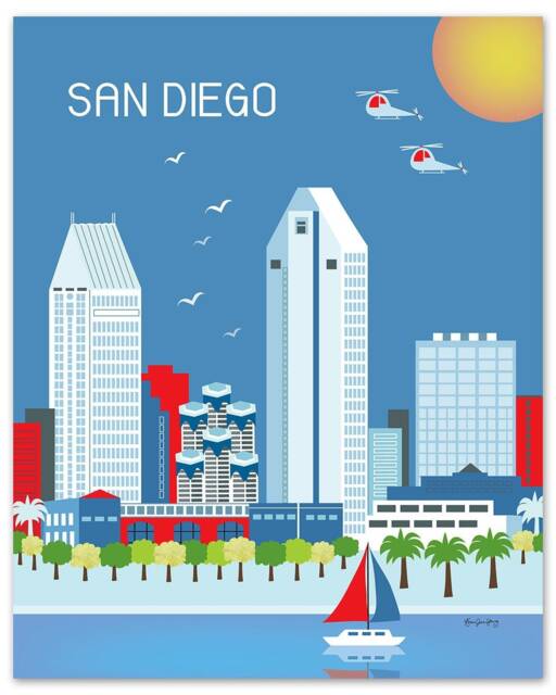San Diego Wall Art, Skyline Print, Vertical Blue Decor, Sd Ca Art - Style E8-O-Sd - image 1