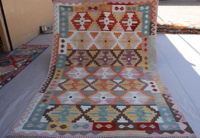 6x8 Ft Afghan Flatweave Kilim Rug, Handmade Wool Carpet, Turkmen Tribal Beige Purple Orange Geometric Bedroom Living Room Rug - image 1
