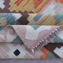 6x8 Ft Afghan Flatweave Kilim Rug, Handmade Wool Carpet, Turkmen Tribal Beige Purple Orange Geometric Bedroom Living Room Rug - thumbnail 4