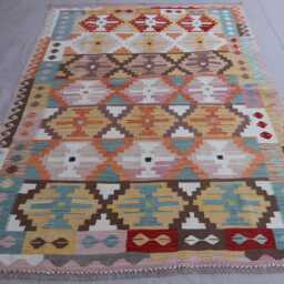 6x8 Ft Afghan Flatweave Kilim Rug, Handmade Wool Carpet, Turkmen Tribal Beige Purple Orange Geometric Bedroom Living Room Rug - thumbnail 3
