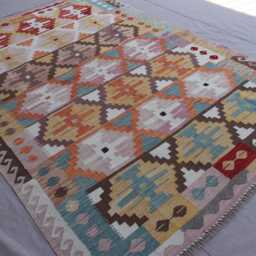 6x8 Ft Afghan Flatweave Kilim Rug, Handmade Wool Carpet, Turkmen Tribal Beige Purple Orange Geometric Bedroom Living Room Rug - thumbnail 2