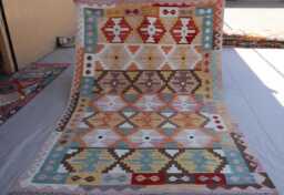 6x8 Ft Afghan Flatweave Kilim Rug, Handmade Wool Carpet, Turkmen Tribal Beige Purple Orange Geometric Bedroom Living Room Rug - thumbnail 1