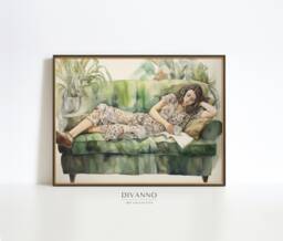Woman On The Couch Art Print, Sage Green Wall Art, Neutral Apartment Canvas, Modern Home Decor, Bedroom Printable Gift , Digital - thumbnail 1