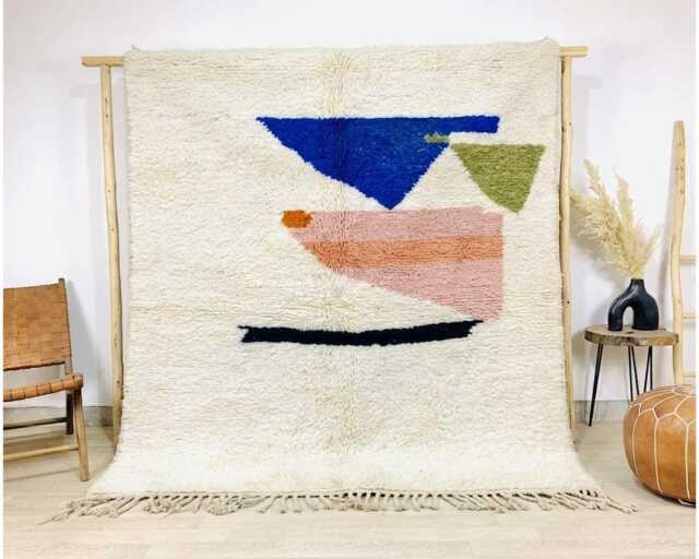 Cream & Blue Abstract Moroccan Rug, Minimalist Pastel Geometric Berber Carpet, Large Handmade Wool Shag Modern Artistic Decor - image 1