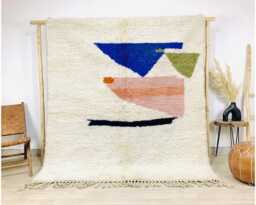 Cream & Blue Abstract Moroccan Rug, Minimalist Pastel Geometric Berber Carpet, Large Handmade Wool Shag Modern Artistic Decor - thumbnail 1