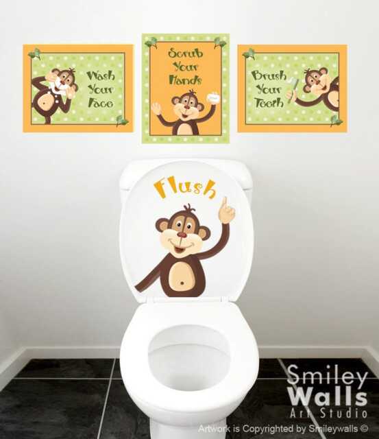 Kids Bathroom Wall Art, Monkeys Decal For Decor, Prints Stickers, Door Sign - image 1