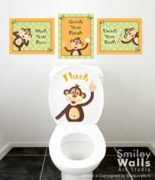 Kids Bathroom Wall Art, Monkeys Decal For Decor, Prints Stickers, Door Sign