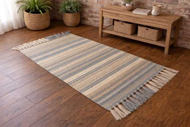 Handwoven Wool Rug, Blue Beige White, Custom Size - image 1