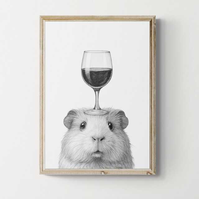 Guinea Pig Art Print, Funny Animal & Wine Drawing, Lover Wall Decor, Lovers Gifts - image 1