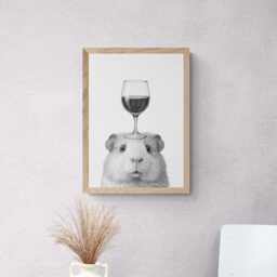 Guinea Pig Art Print, Funny Animal & Wine Drawing, Lover Wall Decor, Lovers Gifts - thumbnail 2
