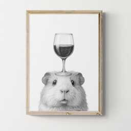 Guinea Pig Art Print, Funny Animal & Wine Drawing, Lover Wall Decor, Lovers Gifts - thumbnail 1