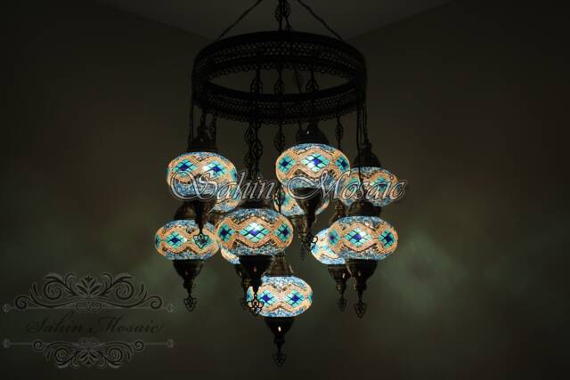 Turkish Mosaic Sultan Chandelier - 11 Large Globe Ottoman Ceiling Lamp - S11L - image 1