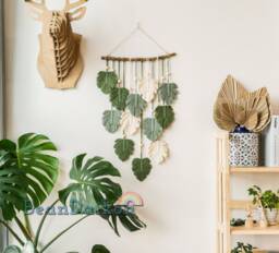 Green Monstera Leaves Macrame Wall Hanging, Variegated Monstera, Botanical Art, Christmas Gift, Safari Nusery Decor, New Home Gift L47