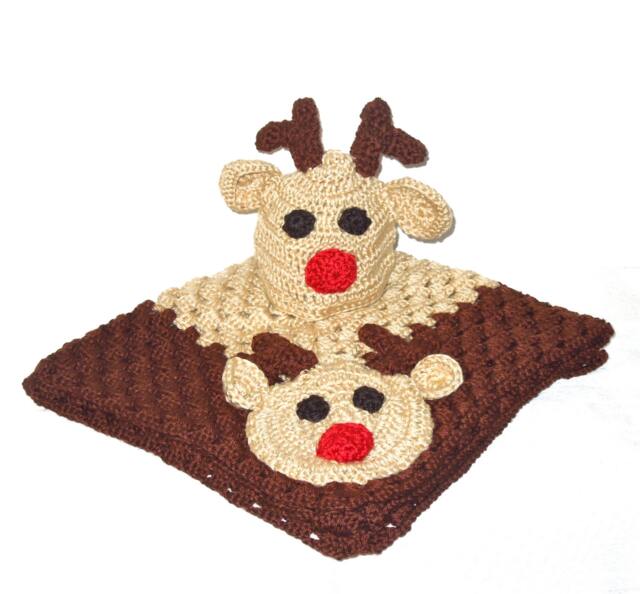 Crochet Baby Blanket, Hat Set, Newborn, Reindeer, Beige, Brown, Shower - image 1