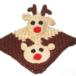 Crochet Baby Blanket, Hat Set, Newborn, Reindeer, Beige, Brown, Shower - thumbnail 3