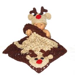 Crochet Baby Blanket, Hat Set, Newborn, Reindeer, Beige, Brown, Shower - thumbnail 2