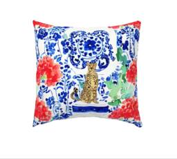 "Cheetah & Chinoiserie Jars Cushion, Natural Cotton Canvas, 18""x18" - thumbnail 1