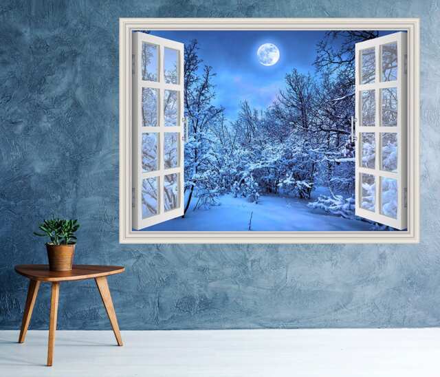 Winter Night View Window 3D Wall Decal Art Removable Wallpaper Forest Mural Sticker Vinyl Home Decor