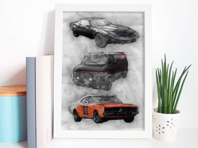 80S Tv Cars Art Poster Print Portrait - Knight Rider A-Team Dukes Of Hazard Wall Various Sizes Available - image 1