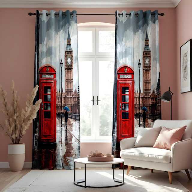 London Street View Curtains, Red Telephone Box & Big Ben Drapes, British Landmark Urban Window Panels, UK Travel Theme Home Decor - image 1