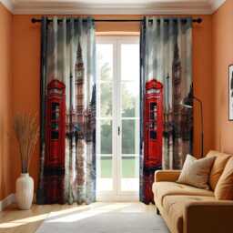 London Street View Curtains, Red Telephone Box & Big Ben Drapes, British Landmark Urban Window Panels, UK Travel Theme Home Decor - thumbnail 3