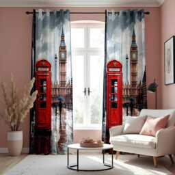London Street View Curtains, Red Telephone Box & Big Ben Drapes, British Landmark Urban Window Panels, UK Travel Theme Home Decor