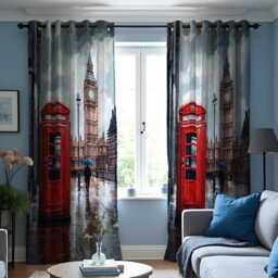 London Street View Curtains, Red Telephone Box & Big Ben Drapes, British Landmark Urban Window Panels, UK Travel Theme Home Decor - thumbnail 2