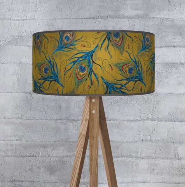 Peacock Feathers Lampshade Mustard Yellow Blue Ceiling Light Drum Lamp Shade - image 1