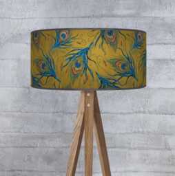 Peacock Feathers Lampshade Mustard Yellow Blue Ceiling Light Drum Lamp Shade - thumbnail 1