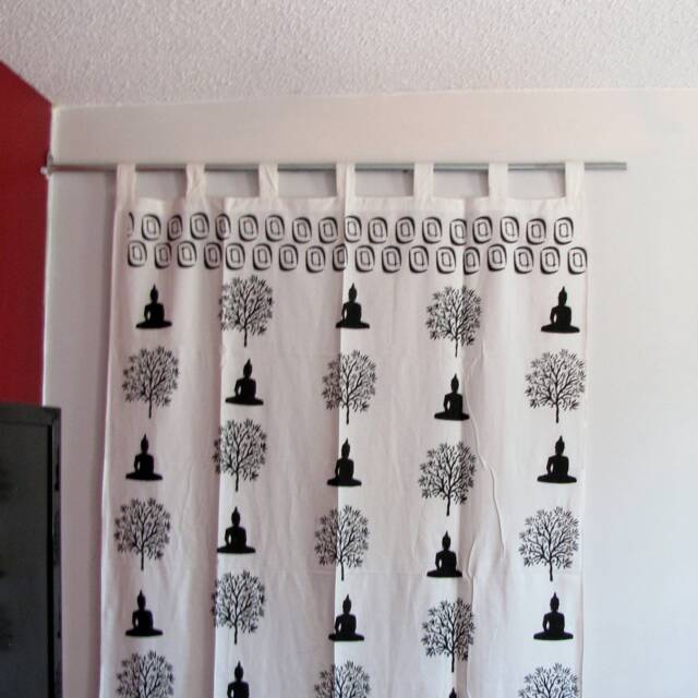 Hand Block Printed Cotton Tab Top Curtains, Loop Curtains, Buddha, Nirvana, Boho , Bohemian, Serene, Monochrome, Buddhist - image 1
