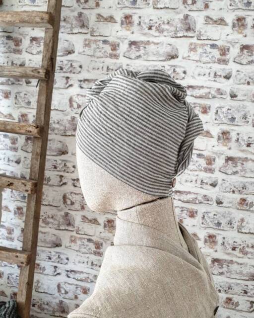 Linen Hair Turban Towel, Striped Softened Linen Natural Wrap Head Drying Beige Bath Vegan Towel - image 1