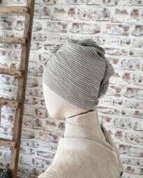 Linen Hair Turban Towel, Striped Softened Linen Natural Wrap Head Drying Beige Bath Vegan Towel - thumbnail 1