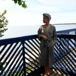 Linen Hair Turban Towel, Striped Softened Linen Natural Wrap Head Drying Beige Bath Vegan Towel - thumbnail 4