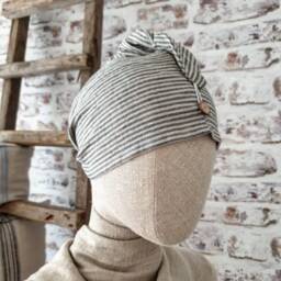 Linen Hair Turban Towel, Striped Softened Linen Natural Wrap Head Drying Beige Bath Vegan Towel - thumbnail 3