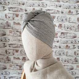 Linen Hair Turban Towel, Striped Softened Linen Natural Wrap Head Drying Beige Bath Vegan Towel - thumbnail 2