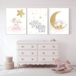 Pink & Gold Sheep Nursery Decor Moon & Stars Wall Art - thumbnail 2