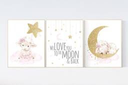 Pink & Gold Sheep Nursery Decor Moon & Stars Wall Art - thumbnail 1