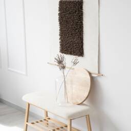 Minimalist Japandi Wall Hanging - Handwoven Art in Recycled Cotton Cozy Home Decor Elegant Brown & White Tapestry Unique Modern Gift - thumbnail 3