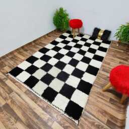 Handmade Wool Checkered Moroccan Rug Black & White Berber Area Rug - thumbnail 3