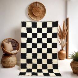 Handmade Wool Checkered Moroccan Rug Black & White Berber Area Rug - thumbnail 1