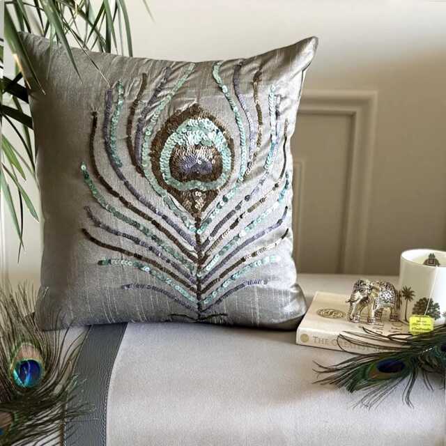 Sequin Embroidered Silver Art Silk Birds Pattern, 24x24/26x26 Deco Euro Sham - Peacock Feather - image 1