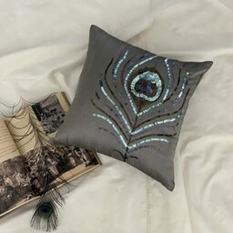 Sequin Embroidered Silver Art Silk Birds Pattern, 24x24/26x26 Deco Euro Sham - Peacock Feather - thumbnail 3